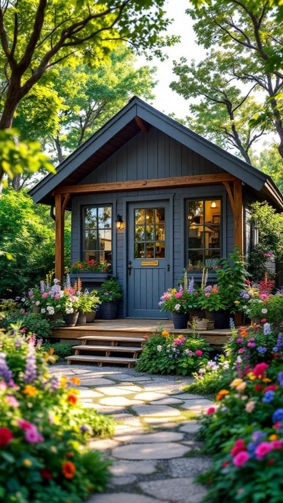 Outdoor_living_spaces A quaint tiny house surrounded by colorful flowers and greenery leading to a welcoming wooden porch