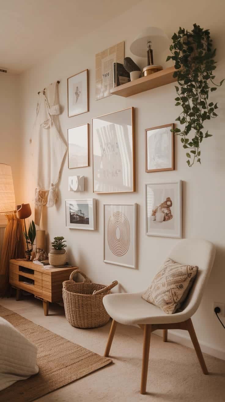 Personalized_gallery_wall A cozy boho bedroom featuring a personalized gallery wall with various framed artworks and decor items