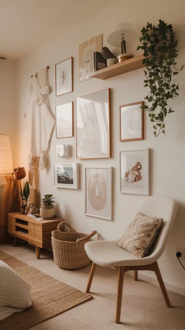 Personalized_gallery_wall A cozy boho bedroom featuring a personalized gallery wall with various framed artworks and decor items