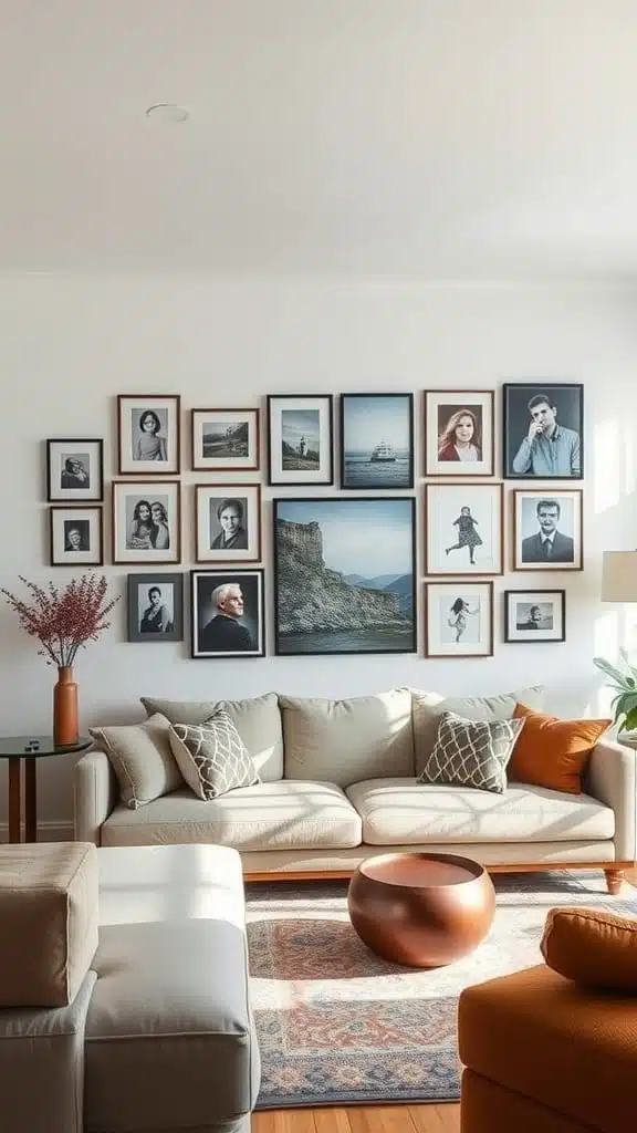 Personalized_gallery_wall_1 A cozy living room featuring a personalized gallery wall with framed photos and artwork