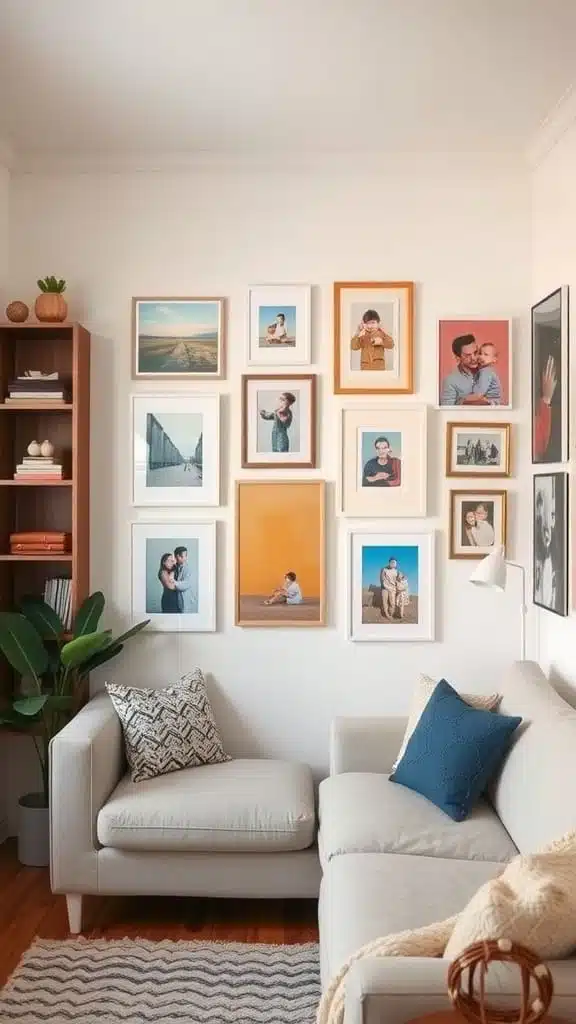 Personalized_gallery_wall_2 A cozy living room featuring a gallery wall of framed photos and art with a comfortable couch and plants