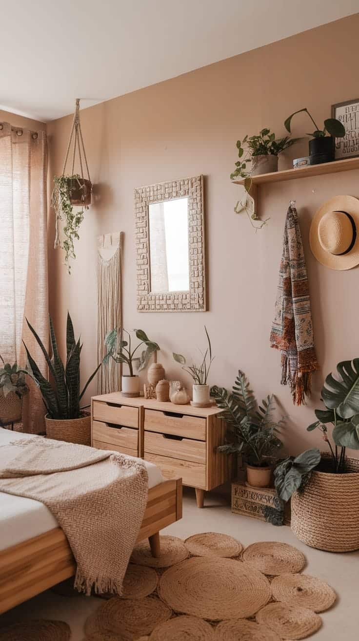Personalized_trinkets_and_finds A cozy small boho bedroom with plants woven decor and personalized trinkets