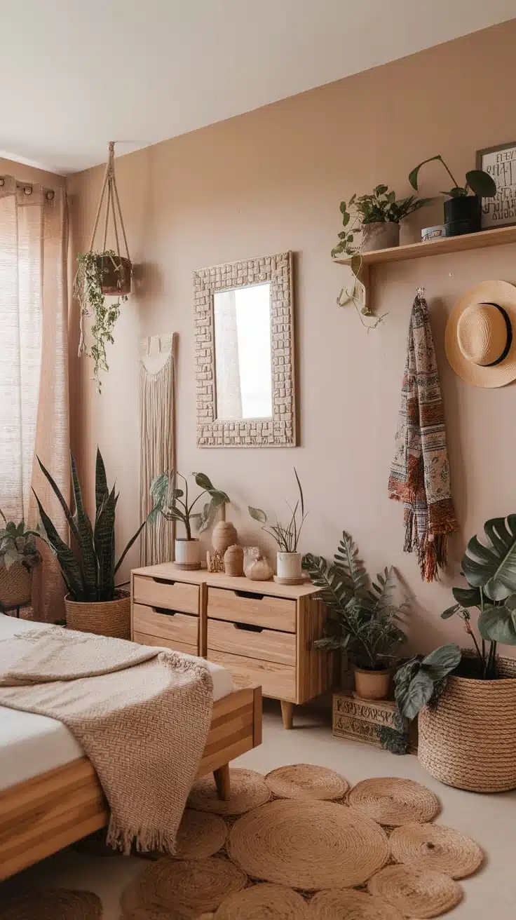 Personalized_trinkets_and_finds A cozy small boho bedroom with plants woven decor and personalized trinkets