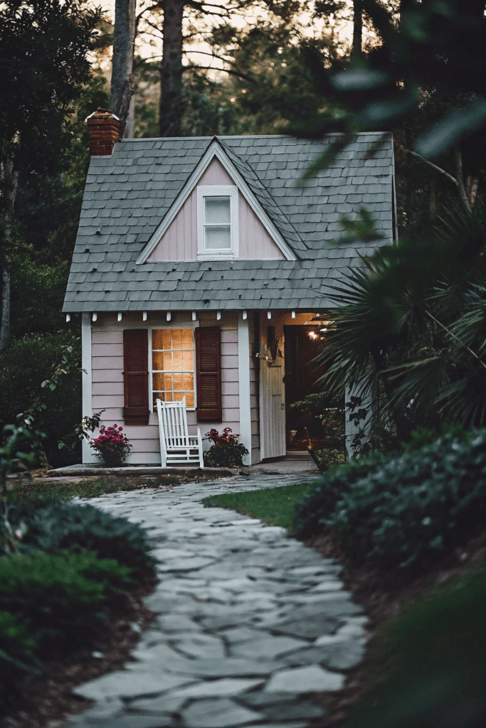 Picturesque tiny house A picturesque tiny house surrounded by a lush garden with a winding stone path leading to the front porch. The exterior features pastel-colored shingles, a gabled roof, and vintage wooden shutters, while the porch is adorned with blooming flower pots and cozy rocking chairs.