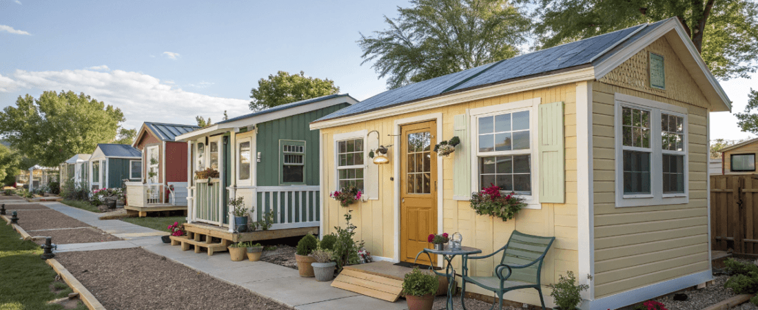 different portable buildings turned into tiny homes on a road