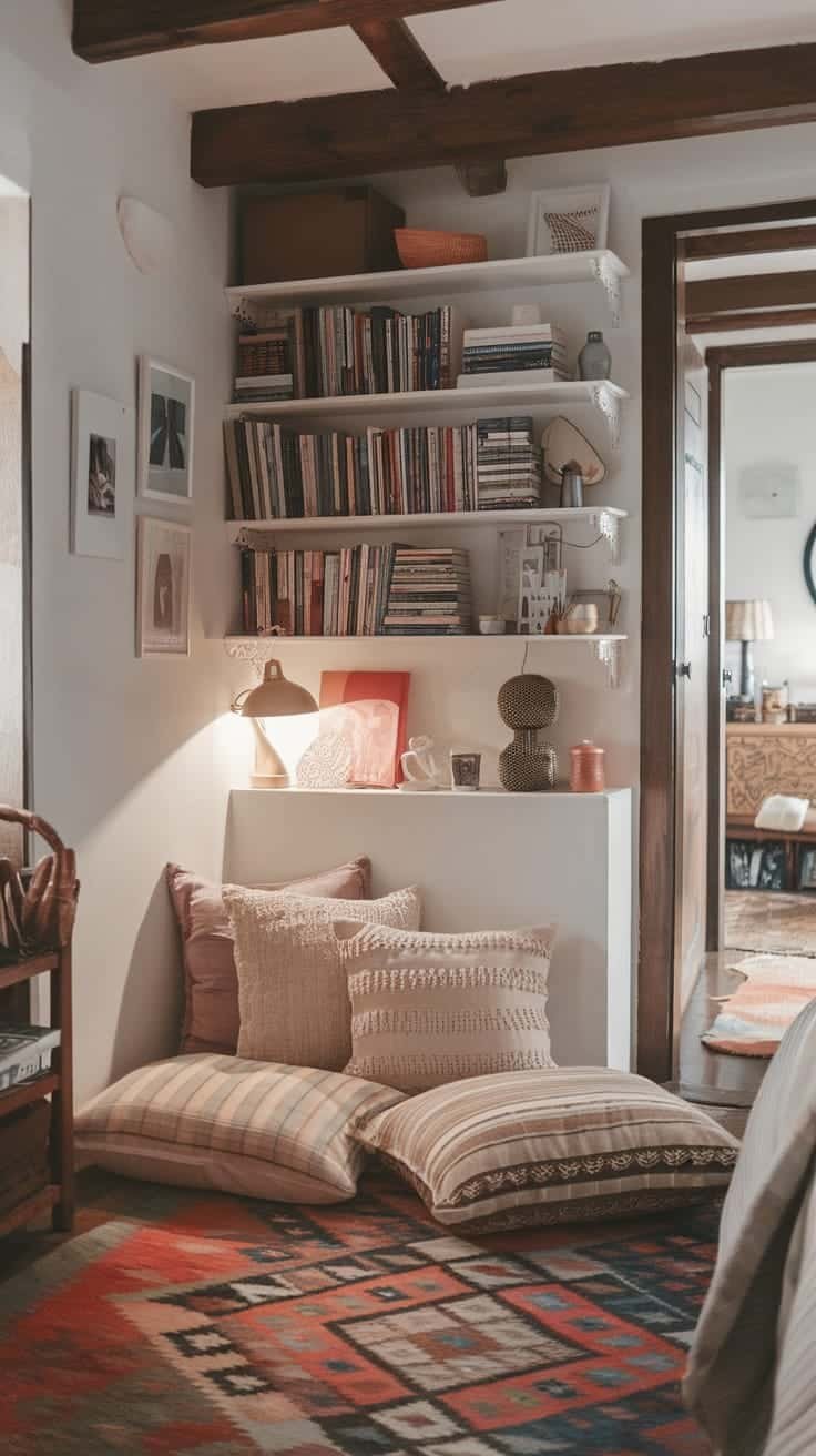 Reading_nook_with_soft_seating Cozy reading nook with soft seating colorful pillows and bookshelves in a small boho bedroom