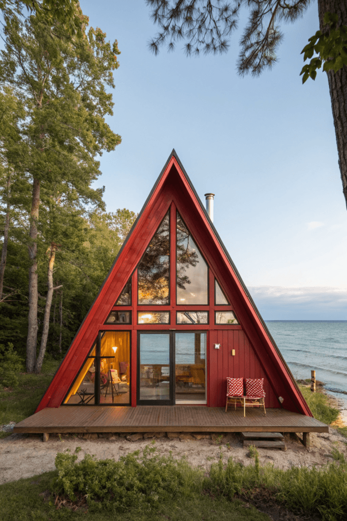 Redaframe The Red A Frame cabin with alrge windows exterior is red
