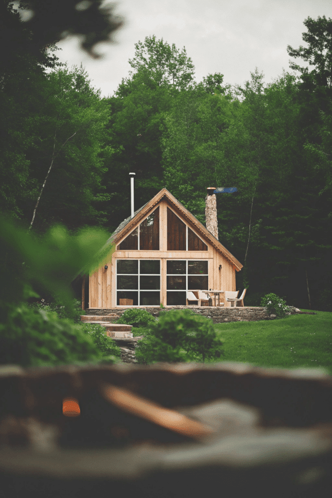 Rustic woodland A cozy wooden cabin nestled in the heart of the forest blending seamlessly with the natural setting Large windows reflect the surrounding greenery and a chimney peeks out of the slanted roof The image shows a crackling firepit in the foreground with rustic outdoor seating perfect for chilly evenings