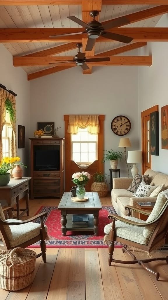 Rustic_farmhouse_style_decor A cozy rustic farmhouse living room with wooden beams a comfortable sofa and a red patterned rug