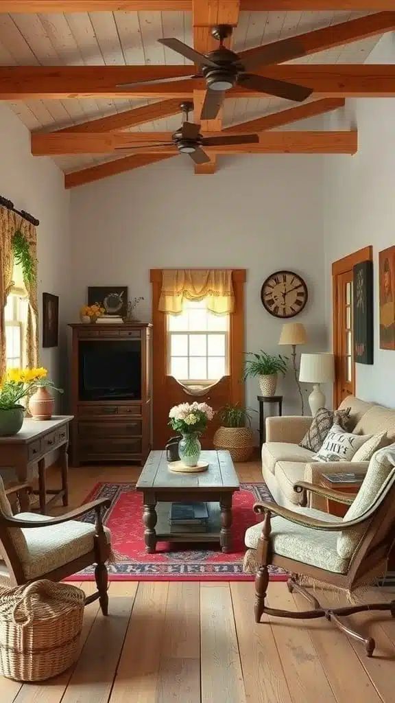 Rustic_farmhouse_style_decor A cozy rustic farmhouse living room with wooden beams a comfortable sofa and a red patterned rug
