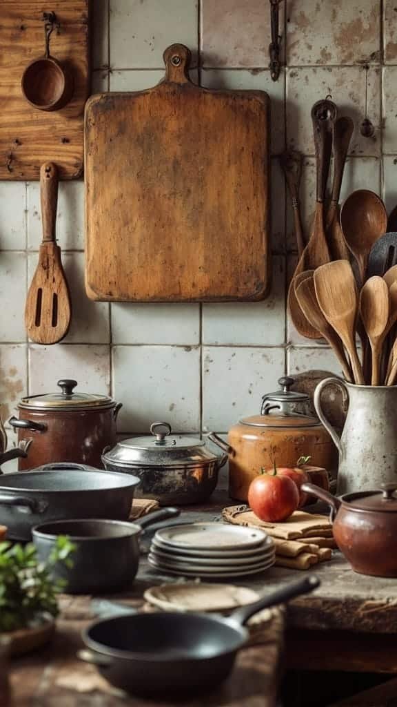 Rustic_kitchenware_collection A rustic kitchenware collection featuring wooden utensils cast iron pots and vintage plates on a wooden table