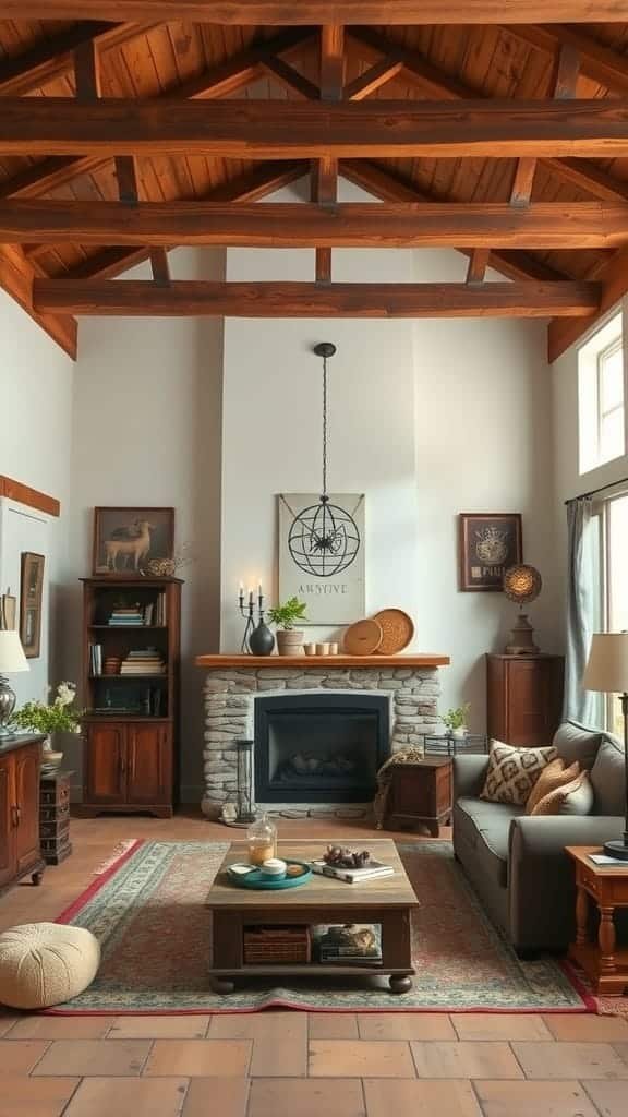 Rustic_wood_beams_and_vintage_decor Cozy living room with rustic wood beams and vintage decor