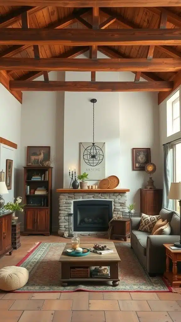 Rustic_wood_beams_and_vintage_decor Cozy living room with rustic wood beams and vintage decor