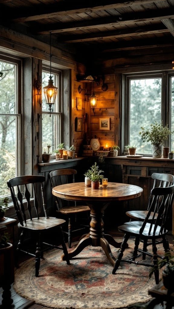 Rustic_wooden_furniture Cozy cabin interior featuring rustic wooden furniture including a round table and wooden chairs