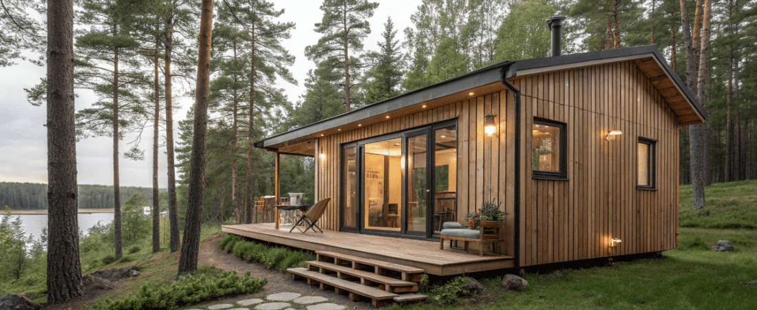 scandinavian tiny home in a wooded area