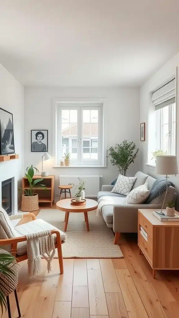Scandinavian_inspired_warmth A cozy Scandinavian inspired living room featuring light wood furniture soft textiles and plants
