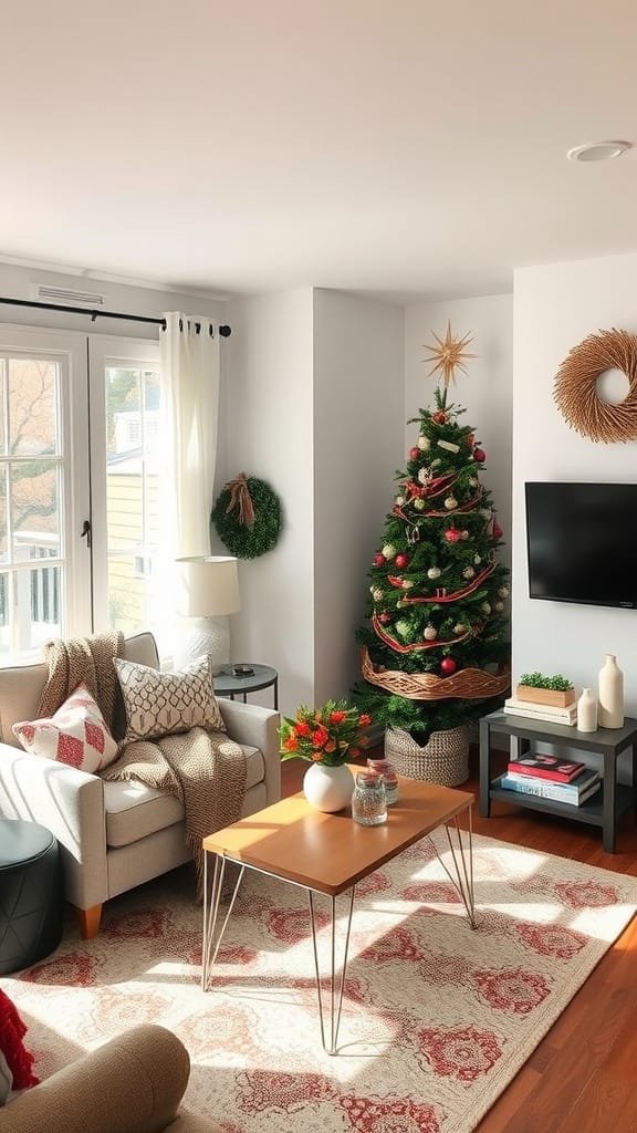 Seasonal_decor_for_a_fresh_look A cozy living room with a Christmas tree a wreath and seasonal decor