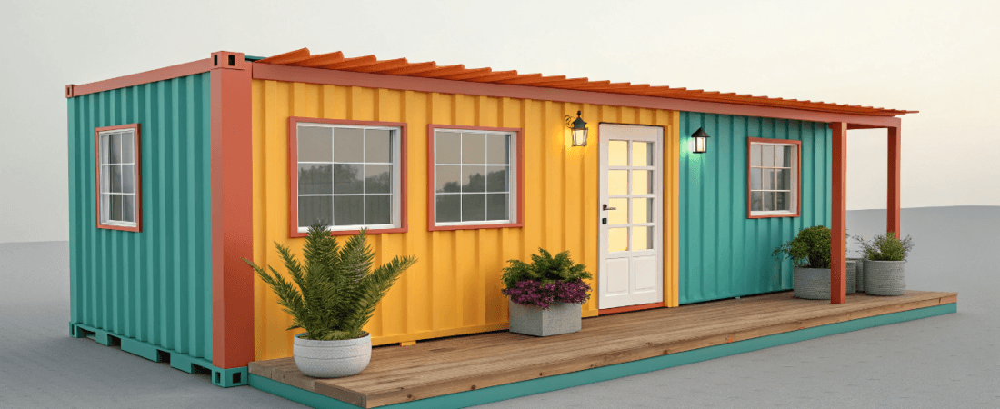 light blue and yellow shipping container tiny house