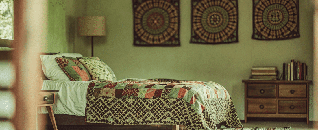 cozy boho bed in a small bedroom