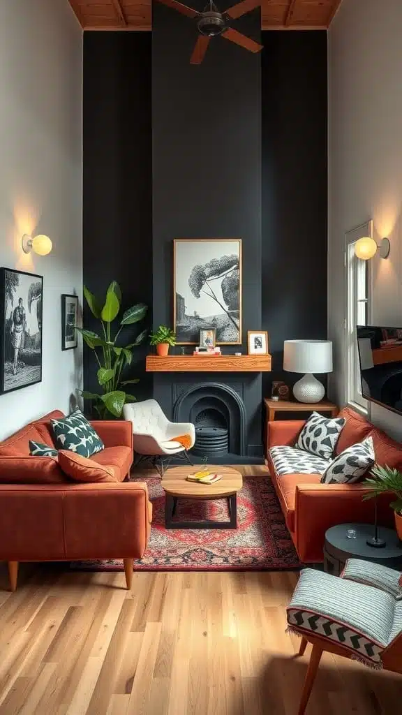 Small_space_with_big_personality Cozy living room in a tiny cottage with orange sofas a fireplace and decorative plants