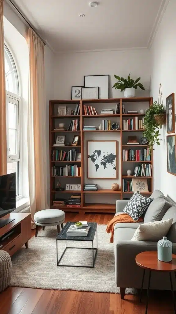 Smart_use_of_vertical_space Cozy living room with tall bookshelves a small coffee table and a comfortable couch