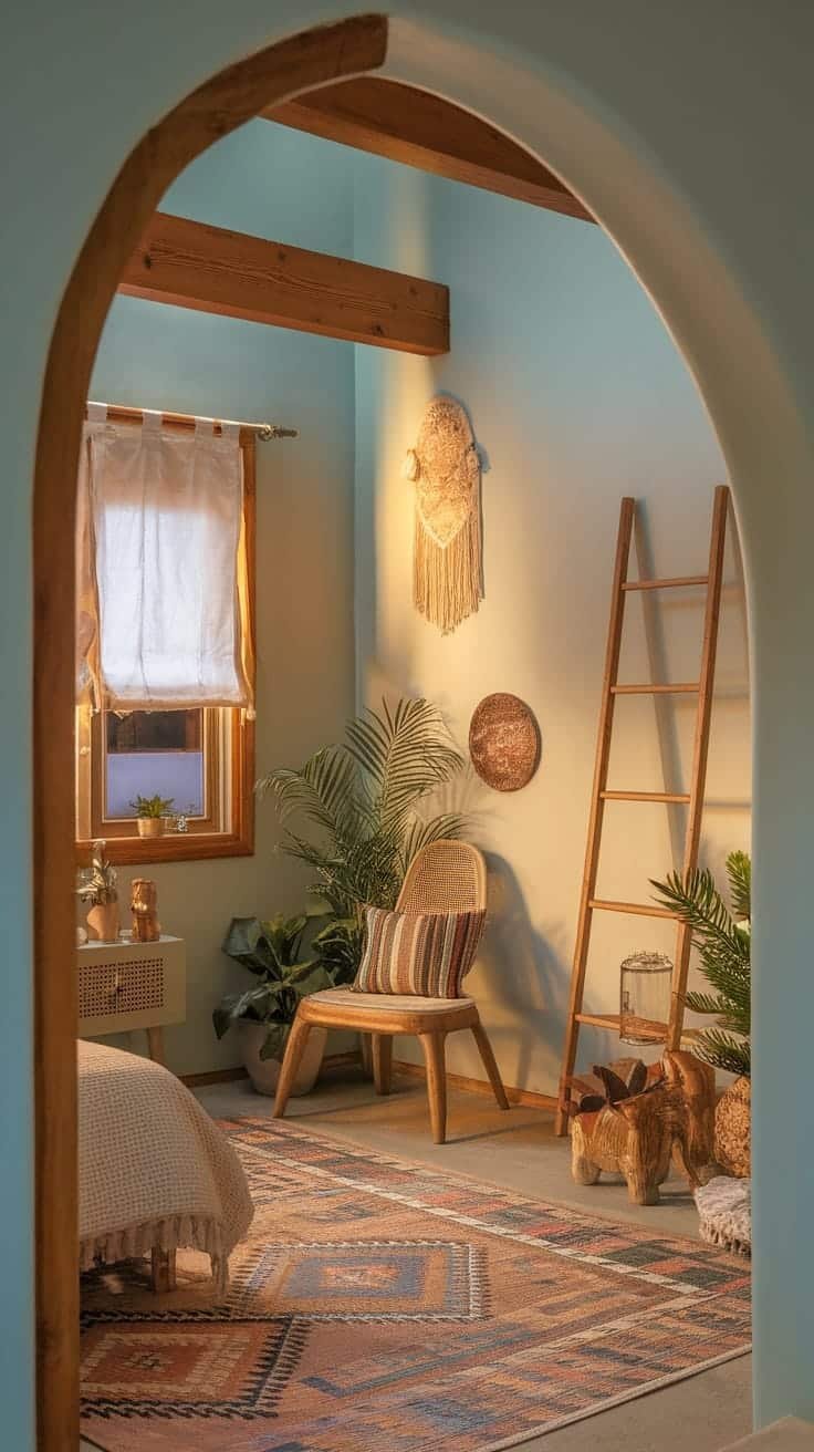 Soft_lighting_for_evening_warmth A cozy small boho bedroom with soft lighting showcasing a chair plants and woven decor