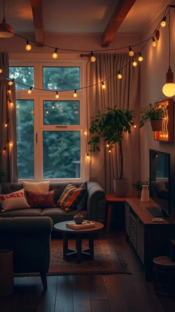 Soft_lighting_with_string_lights A cozy living room with string lights creating soft lighting featuring a sofa coffee table and plants