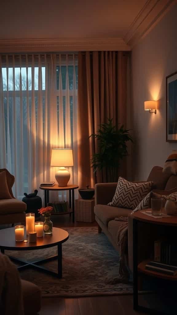 Soft_warm_lighting_for_ambiance A cozy living room with warm lighting candles on a table and plants