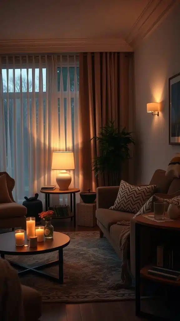 Soft_warm_lighting_for_ambiance A cozy living room with warm lighting candles on a table and plants