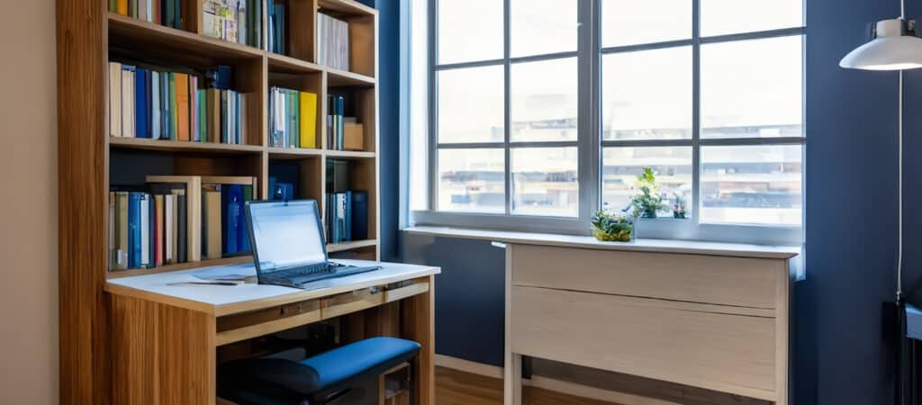 A cozy and stylish small bedroom with a cleverly integrated office space The room features a compact wall mounted desk with a sleek laptop and a few essential office supplies Above the desk floating shelves hold books and decorative items A comfortable chair is tucked neatly under the desk The room is well lit with natural light streaming through a nearby window highlighting a small potted plant on the desk The color scheme is calming with soft blues and neutral tones The overall atmosphere is organized and inviting showcasing a perfect blend of functionality and aesthetics in a limited space