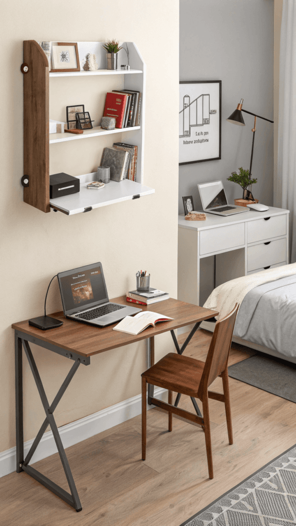 Space saving desk options The image shows a wall mounted foldable desk the desk is styled with a laptop and minimal decor The background is a neutral bedroom setting emphasizing the versatility and space saving potential of this desk