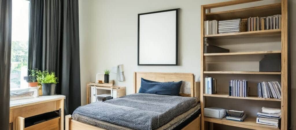 A cozy well organized tiny bedroom showcasing smart space saving solutions The room features a platform bed with built in drawers wall mounted shelves filled with books and decor and a small desk that folds up against the wall Light neutral colors dominate the space with a large mirror reflecting natural light to make the room appear larger A few green plants add a touch of life and sheer curtains allow sunlight to filter through The overall mood is inviting and functional highlighting clever design in a small space