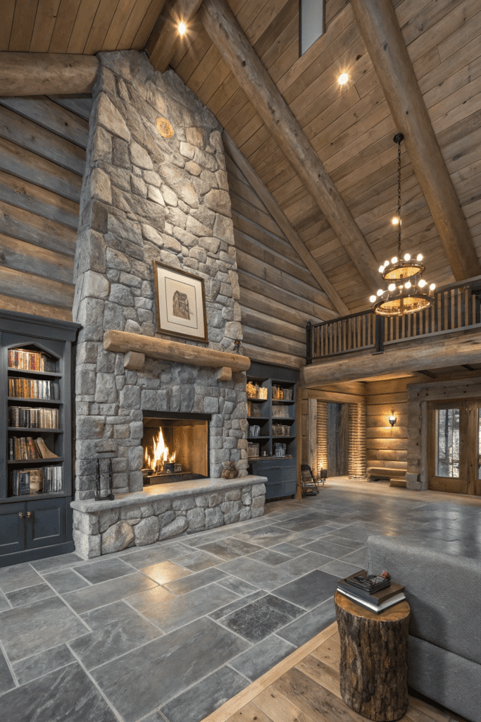 Stone fireplace stone fireplace in a cozy stone cabin