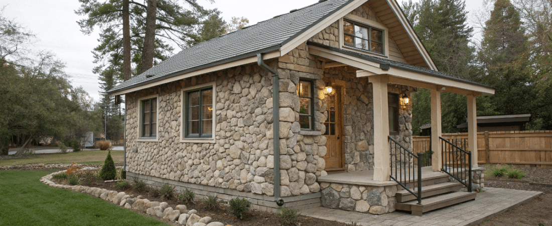 Stone Tiny Home on agrassy patch of land