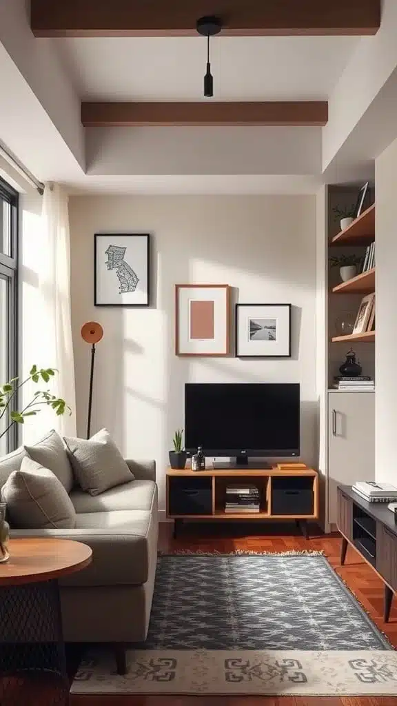 Stylish_storage_solutions Cozy tiny cottage living room with stylish storage solutions
