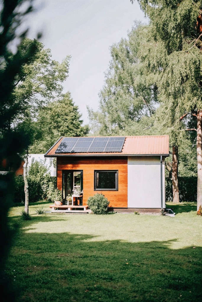 Sustainable A small modern house surrounded by trees and greenery with solar panels on the roof