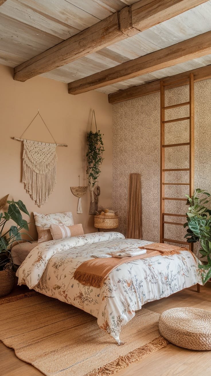Sustainable_decor_elements A cozy small boho bedroom featuring natural wood elements soft textiles and indoor plants