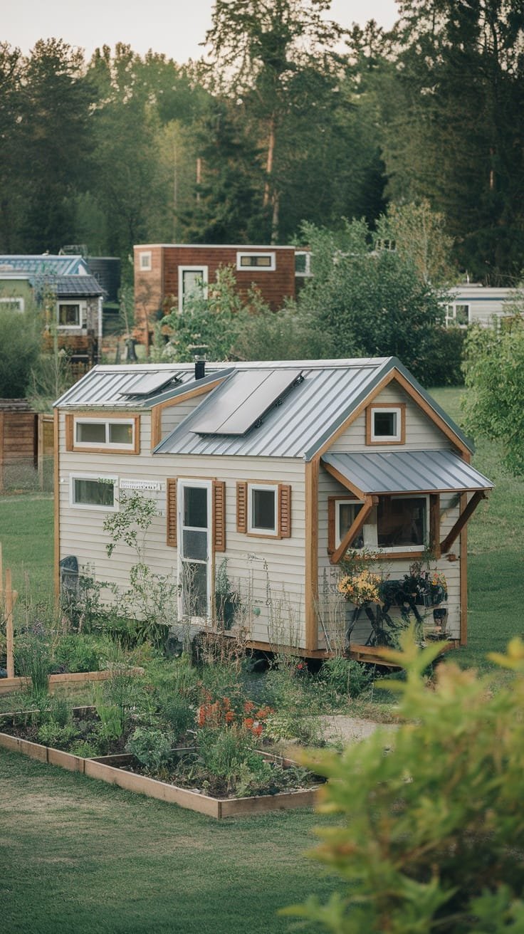 Sustainable_living_in_a_tiny_house_community A tiny house park model surrounded by greenery and gardens