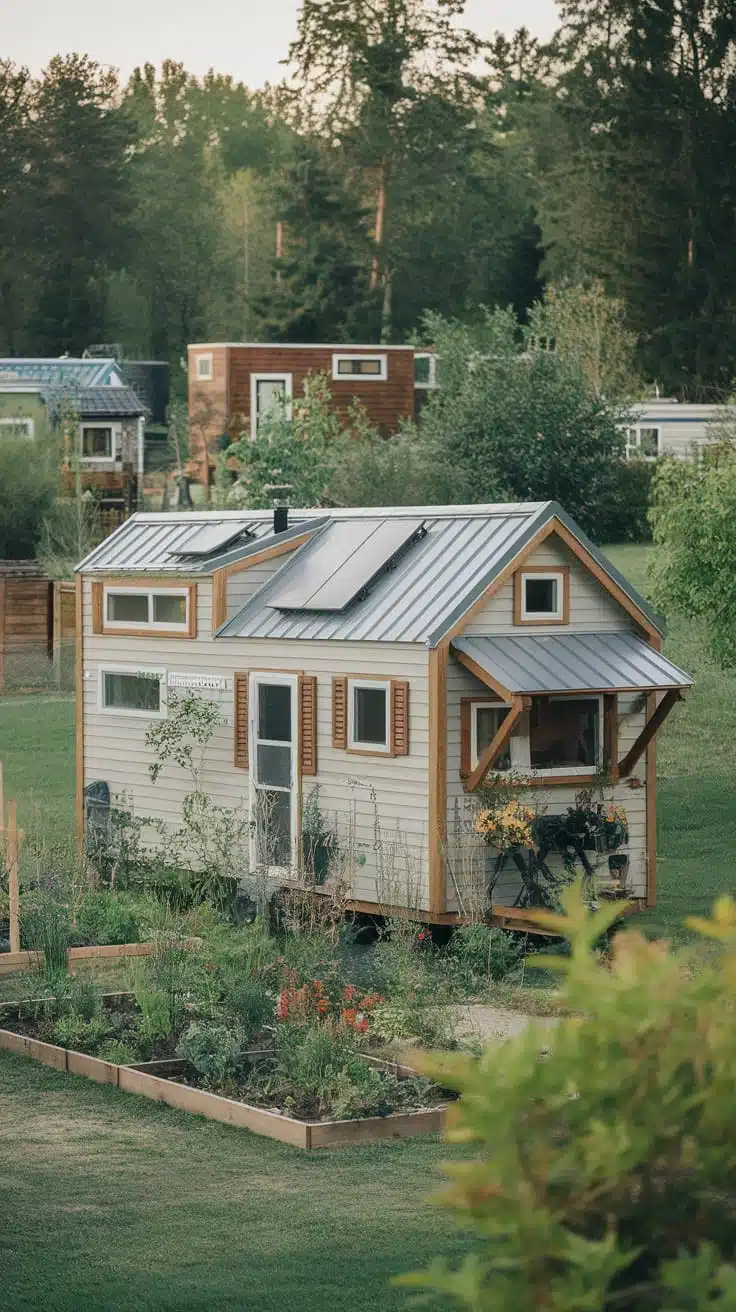 Sustainable_living_in_a_tiny_house_community A tiny house park model surrounded by greenery and gardens