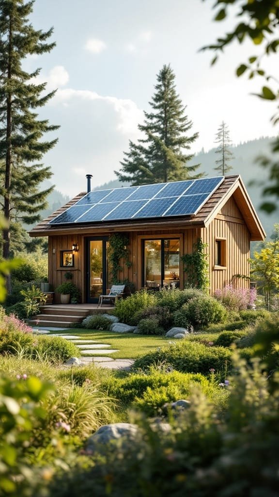 Sustainable_living_practices A small wooden house with solar panels surrounded by green plants and trees