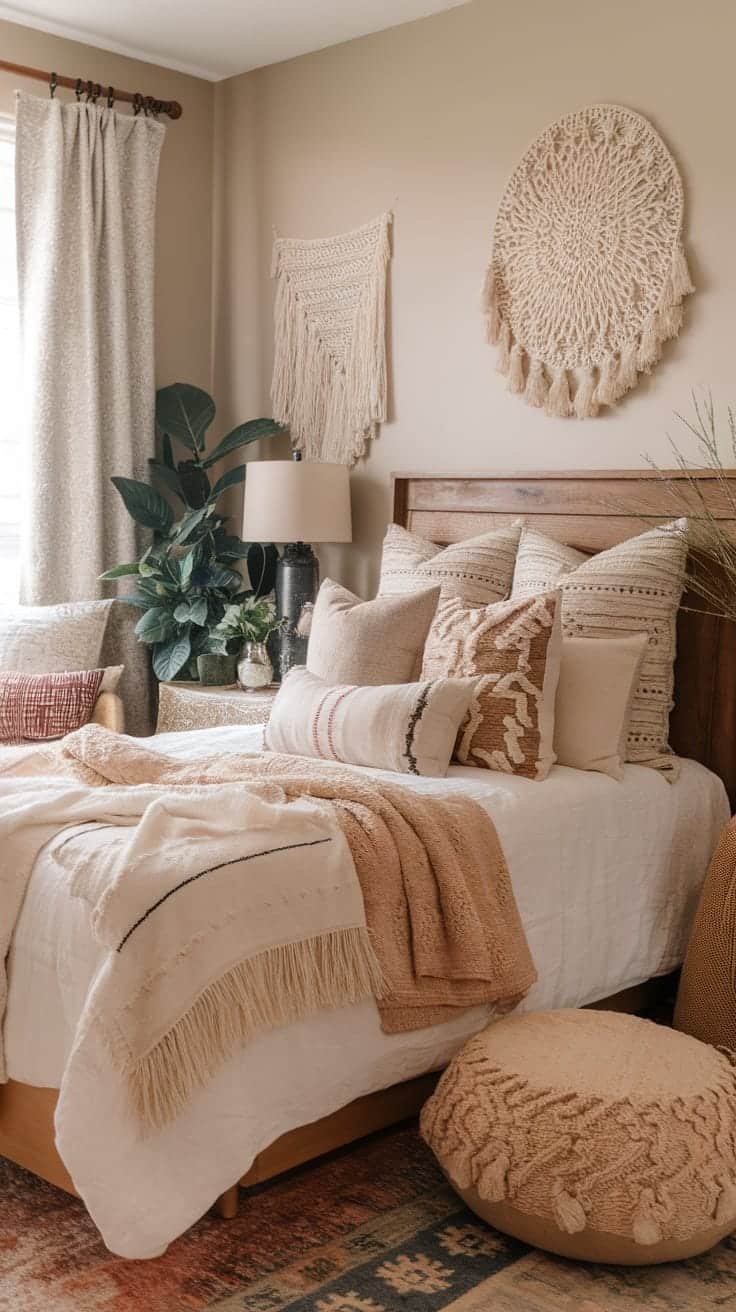 Textured_pillows_and_throws A cozy small boho bedroom featuring a bed with an assortment of textured pillows and throws adorned with neutral tones and warm decor