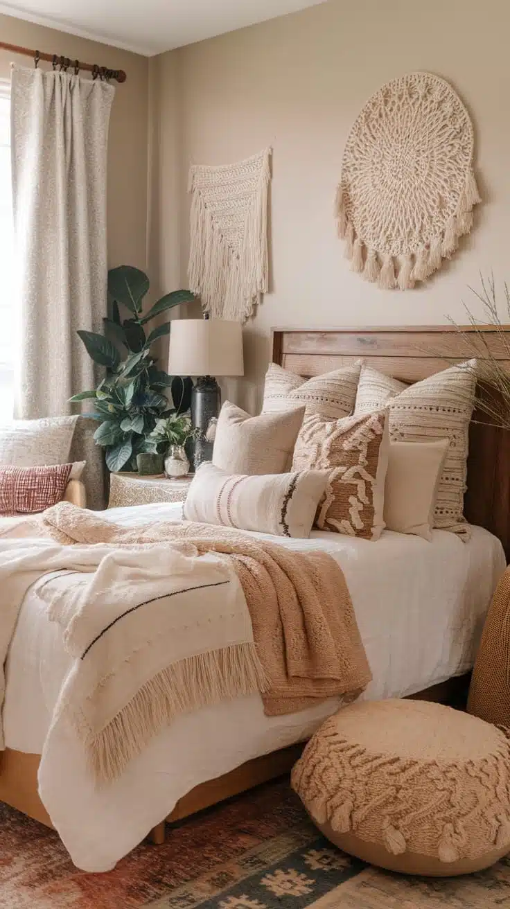 Textured_pillows_and_throws A cozy small boho bedroom featuring a bed with an assortment of textured pillows and throws adorned with neutral tones and warm decor