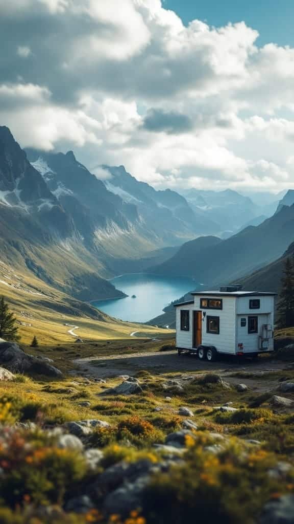 The_art_of_tiny_house_nomadism A tiny house situated in a stunning mountainous landscape with a lake in the background