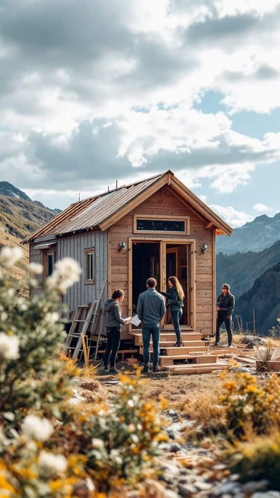 The_journey_to_tiny_house_living A small wooden tiny house surrounded by nature with people working together on the construction