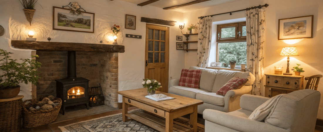A small cozy tiny cottage living room
