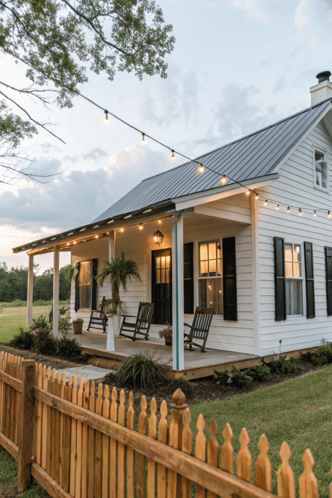 Tiny farmhouse A tiny farmhouse with crisp white walls black framed windows and a galvanized metal roof A wooden fence surrounds the property and the front porch boasts classic rocking chairs and hanging ferns The warm glow of string lights encircles the perimeter giving a cozy country feel
