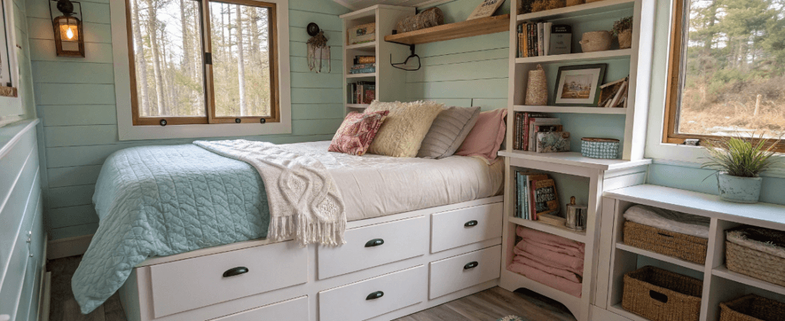 A cozy bedroom with a warm inviting aesthetic featuring a bed with a comfortable quilt and pillows and a collection of items on shelves surrounding the bed The room is illuminated by soft ambient lighting The walls are paneled with light colored wood and there is a window that lets in natural light The overall color palette is soft and muted with shades of green white and natural wood tones dominating the scene The room is well organized and neatly arranged