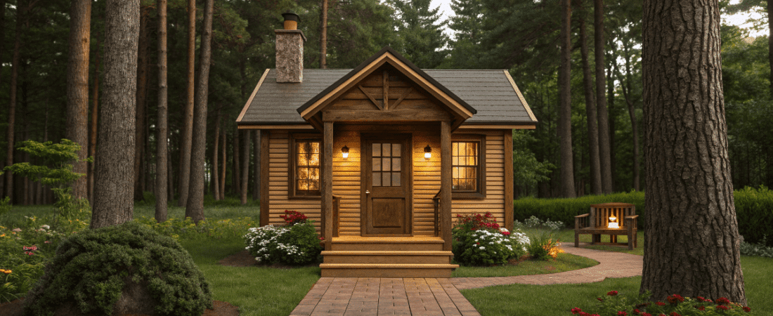 tiny house cabin in a wooded area