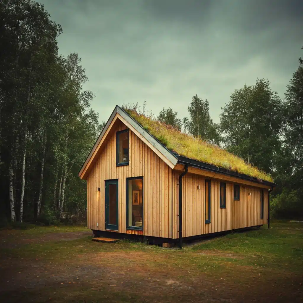 Tiny house exterior This image captures the cozy charm of a Scandinavian tiny house The house has wooden siding with a clean symmetrical design that keeps it simple yet stunning Surrounded by nature it features a green roof and large windows that blend perfectly with the peaceful environment The backdrop of towering trees and a clear blue sky enhances its natural appeal creating a serene and harmonious setting