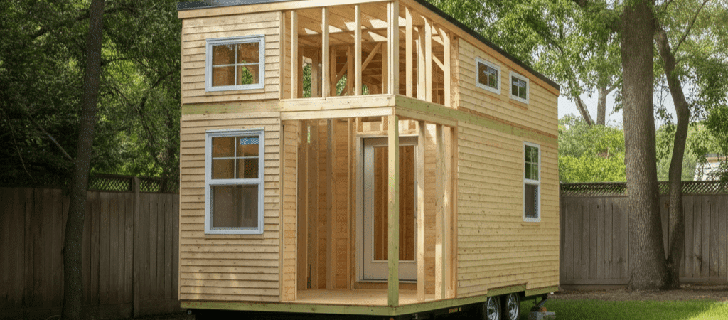 tiny house made out of wood on a green garden